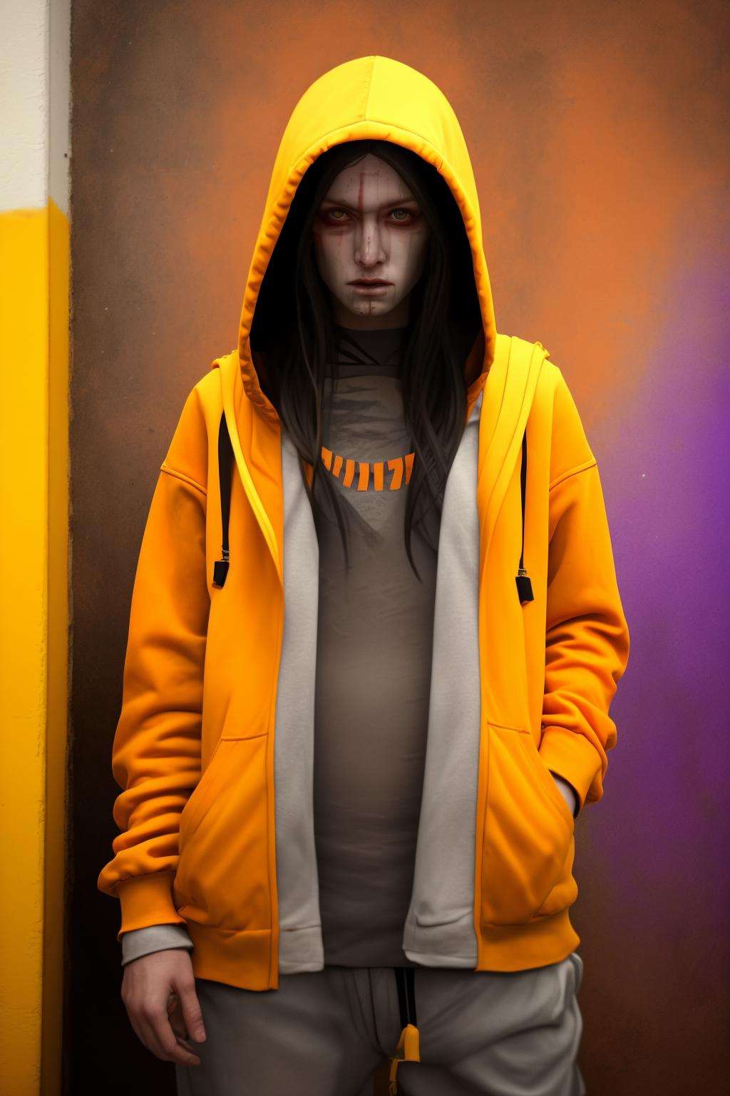 a woman in a yellow hoodie standing in front of a wall of orange and purple balls , post-apocalypic_fashion