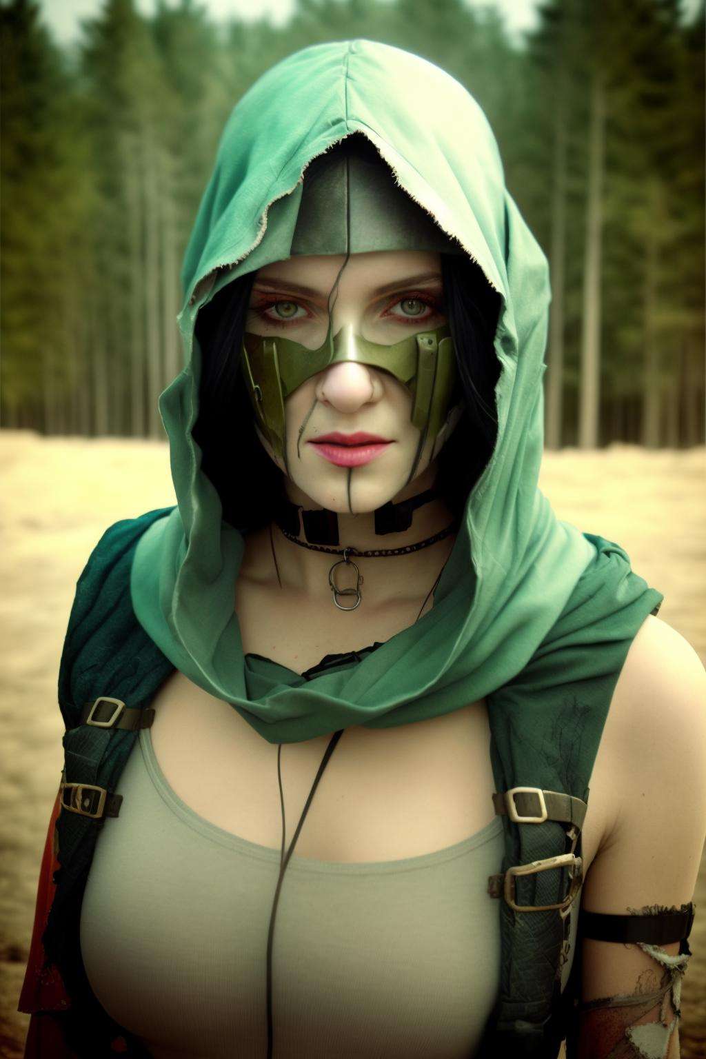 a woman with a hood on her head , post-apocalypic_fashion