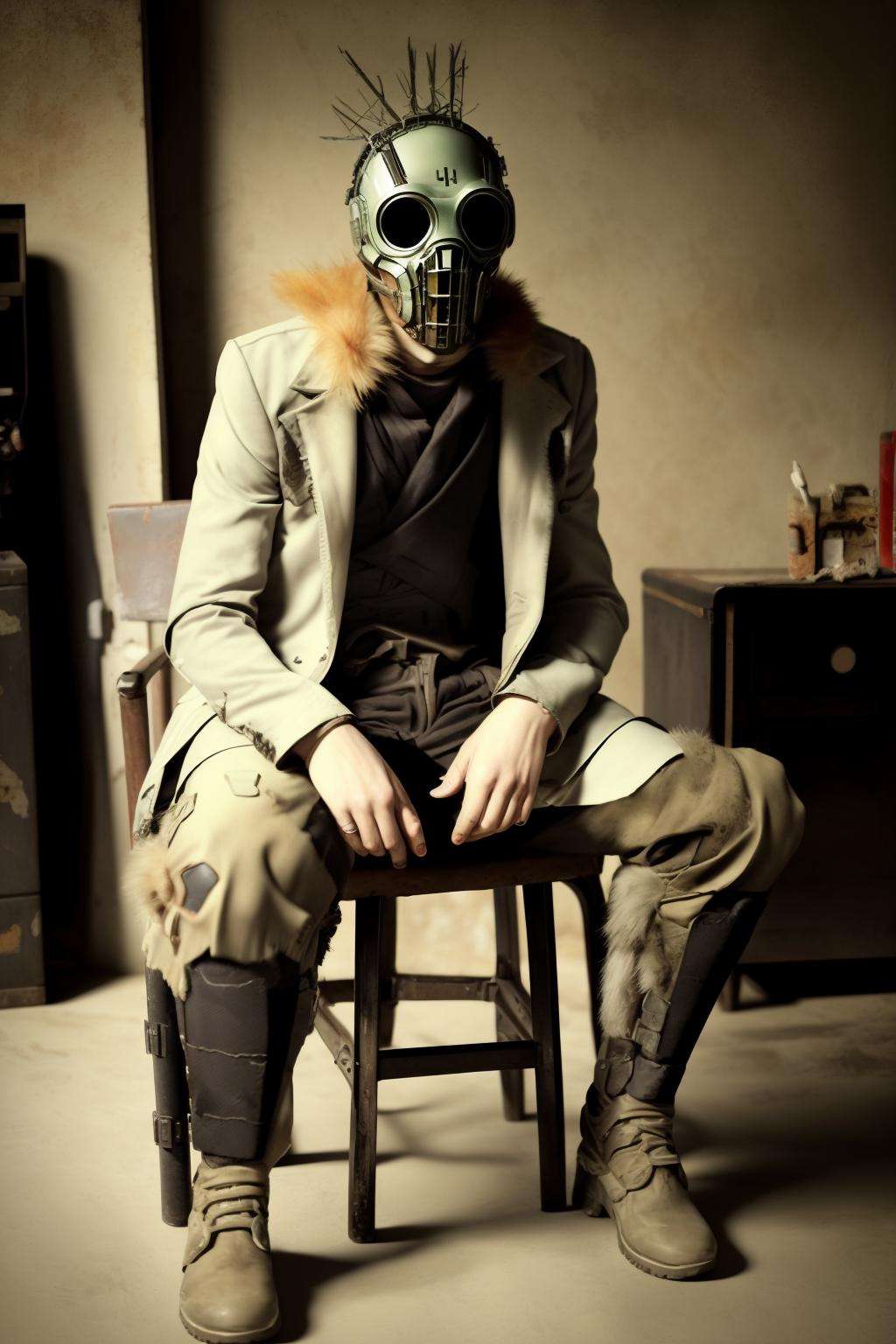 a man in a suit sitting on a chair , post-apocalypic_fashion