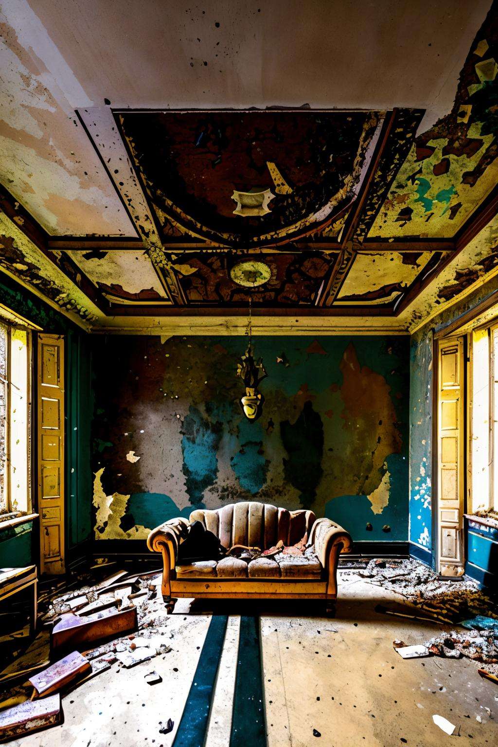 a room with a couch and a bunch of debris on the floor and walls and a ceiling with a painting, Andrea Pozzo, decay, a flemish Baroque, neoclassicism ,  abandoned_style