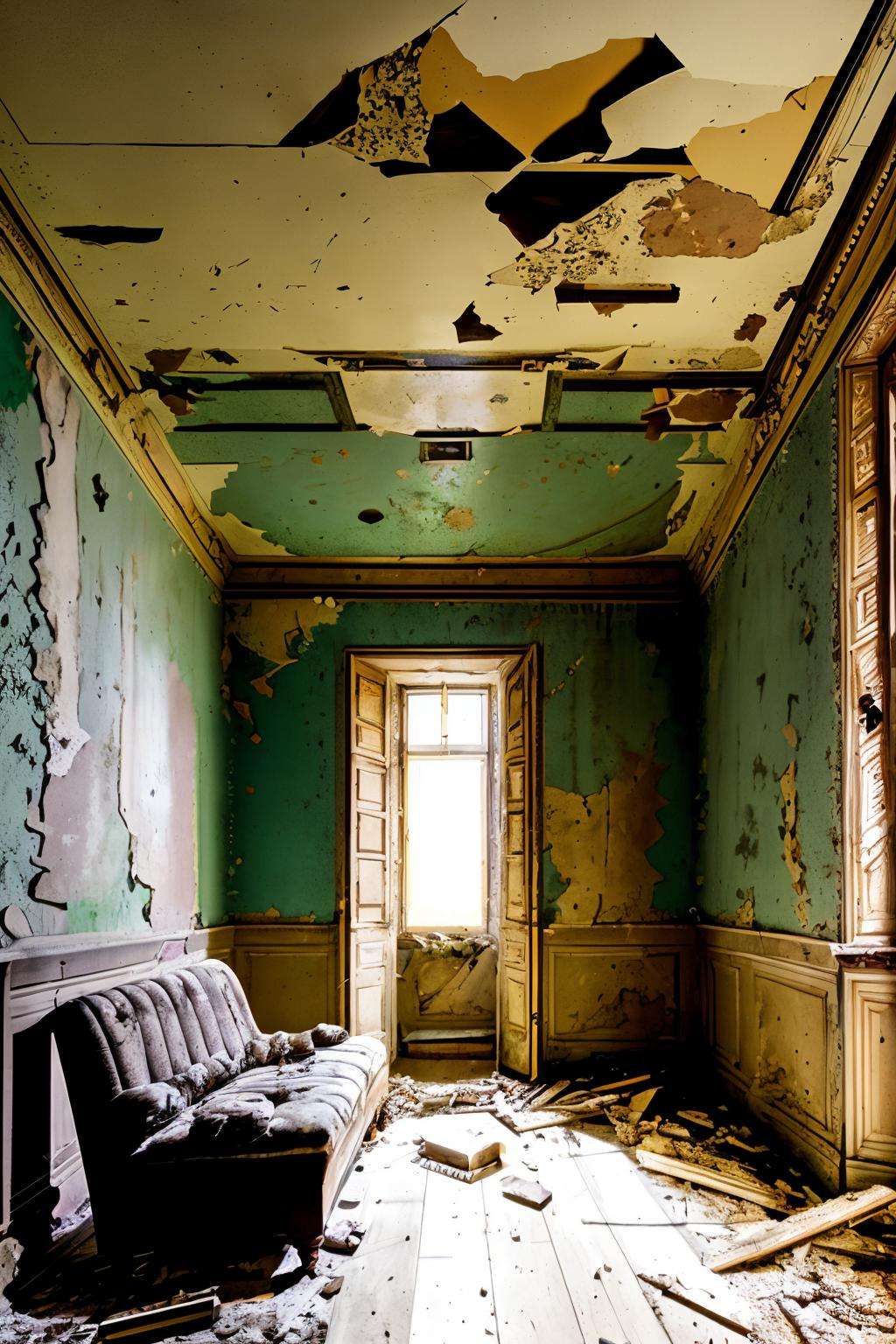 a room with a couch and a bunch of debris on the floor and walls and a ceiling with a painting, Andrea Pozzo, decay, a flemish Baroque, neoclassicism ,  abandoned_style