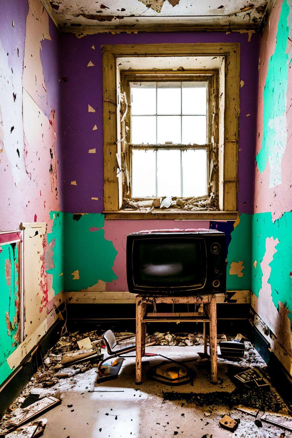 a room with a tv and two chairs in it and a broken window in the corner of the room, Elsa Bleda, decay, a colorized photo, postminimalism ,  abandoned_style