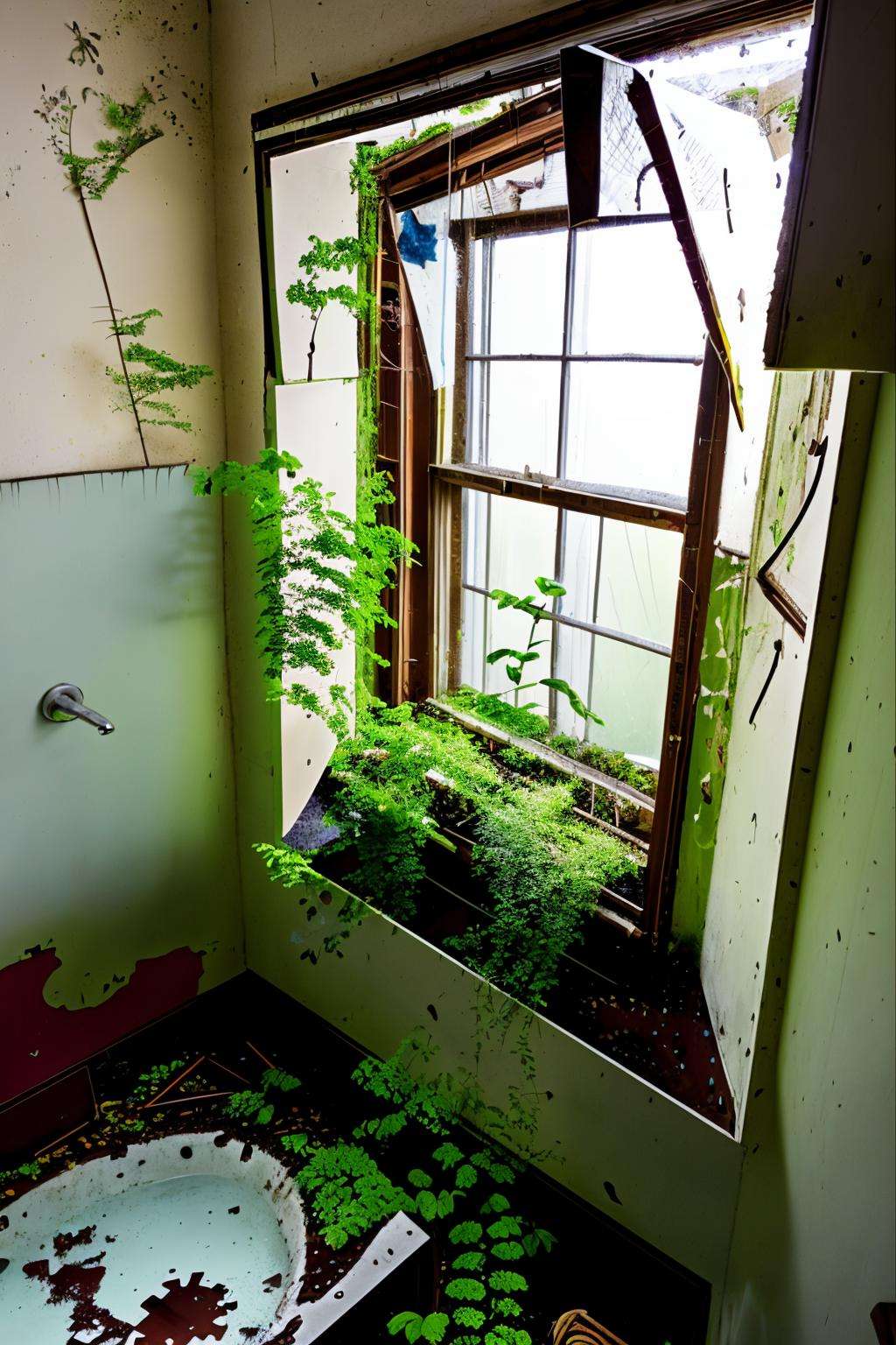 a bathroom with a window and a ladder in it and a plant growing out of the window sill, Dirk Crabeth, overgrown, a jigsaw puzzle, environmental art ,  abandoned_style