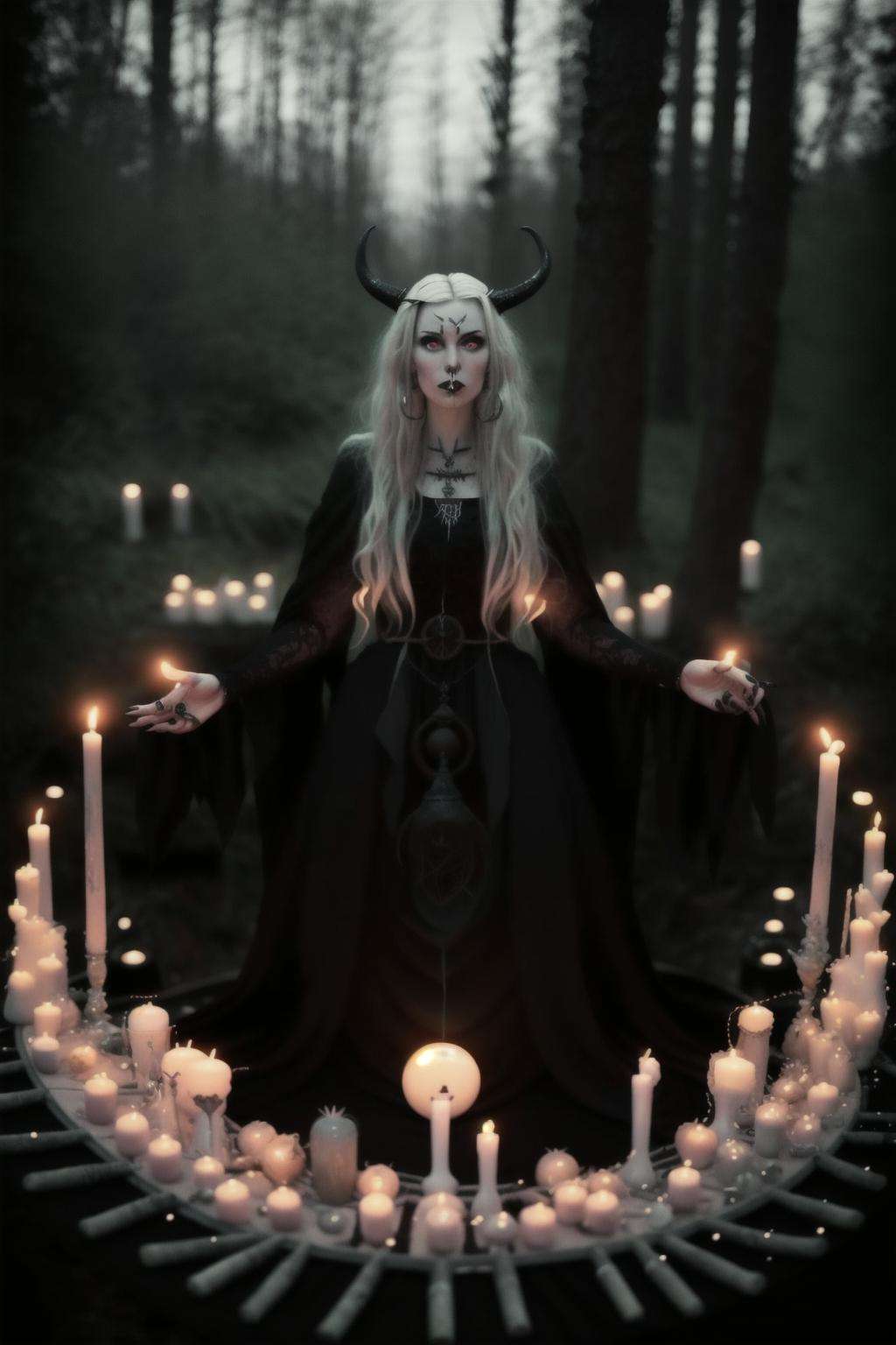 a woman in a black dress standing in a circle of candles , 1girl, solo, long hair, dress, standing, white hair, outdoors, black dress, tree, grass, nature, scenery, forest, lantern, paper lantern , witch_style