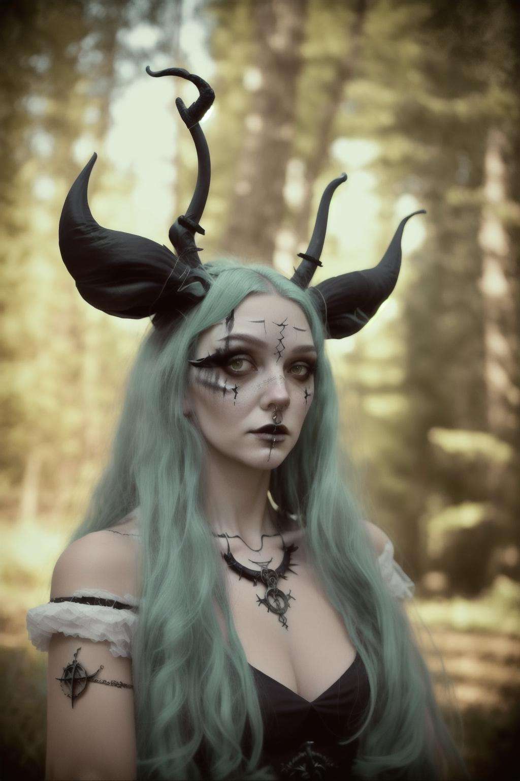 a woman with a butterfly mask on her face , 1girl, solo, long hair, looking at viewer, brown hair, dress, jewelry, upper body, horns, necklace, white dress, piercing, monster girl, white eyes , witch_style