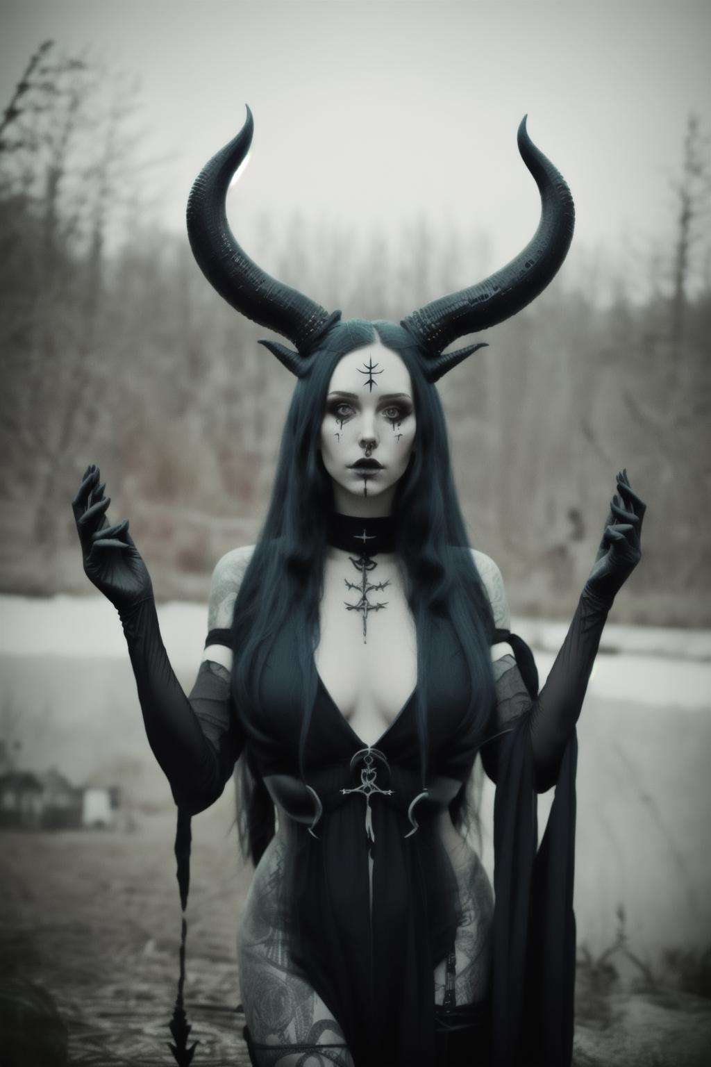 a woman with horns and makeup posing for a picture , 1girl, solo, long hair, black hair, nude, parted lips, horns, black eyes, lips, watermark, demon girl, demon horns, realistic, horror (theme) , witch_style