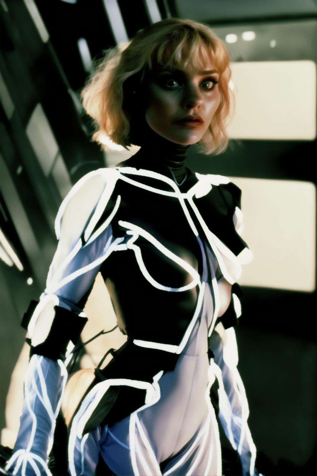 a woman is standing next to another woman in a sci - fi setting with a camera on her shoulder, Eve Ryder, vfx, a renaissance painting, cobra , lawnmower_man