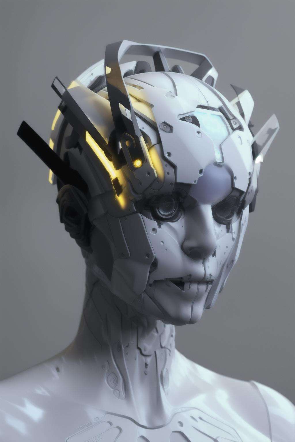a woman with a crown of thorns on her head, ( hightech_robotics )