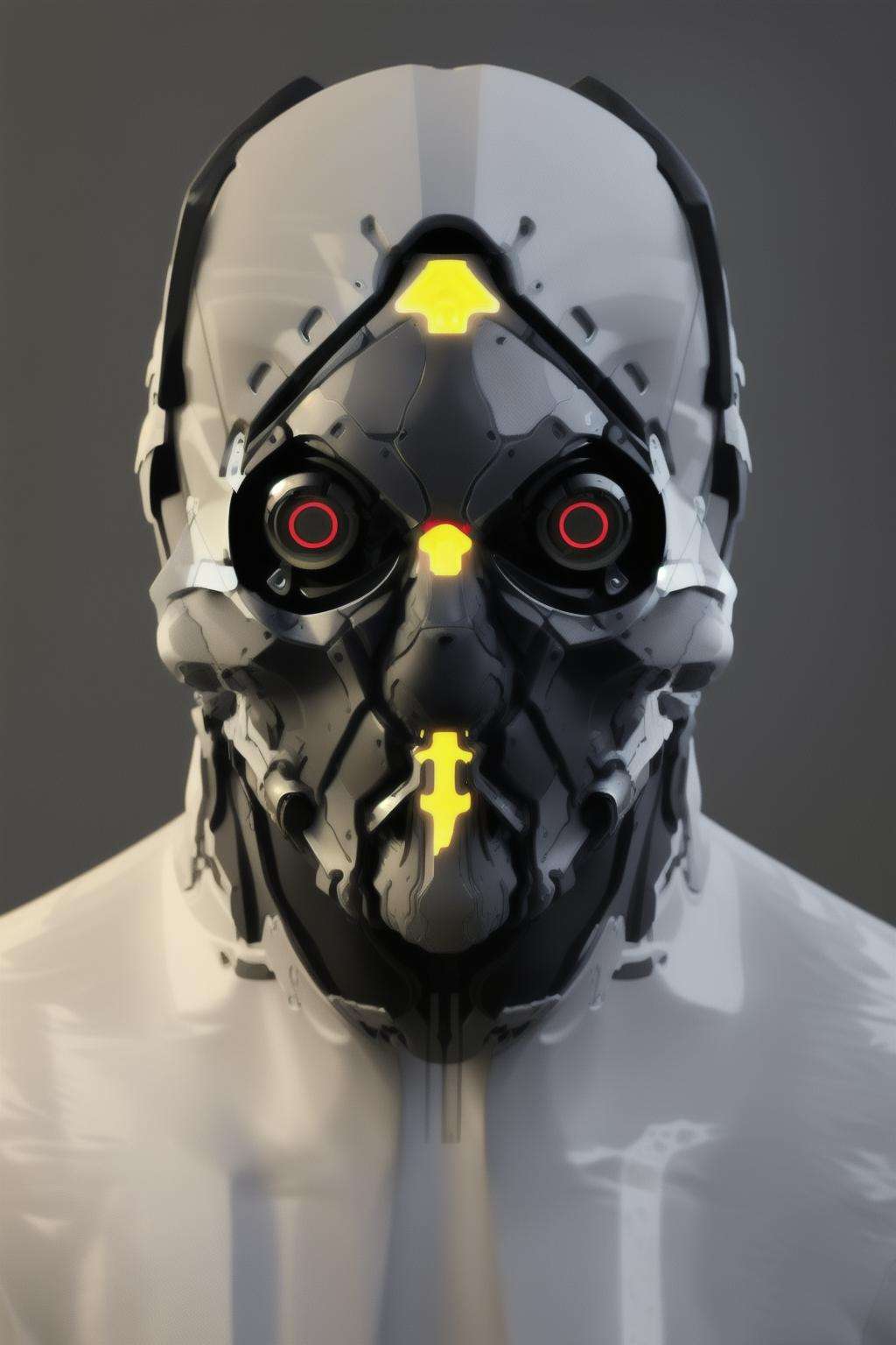 a man with a metal face piece on his head, ( hightech_robotics )