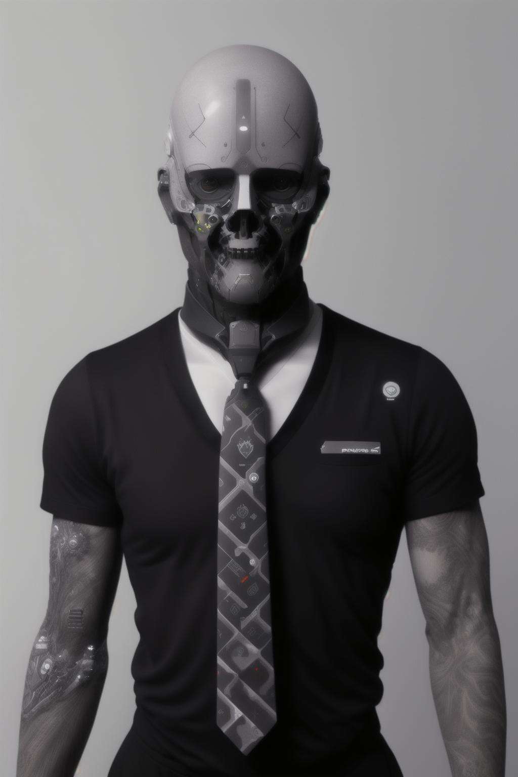 (a man with tattoos on his arms and a tie,   hightech_robotics  ,) 