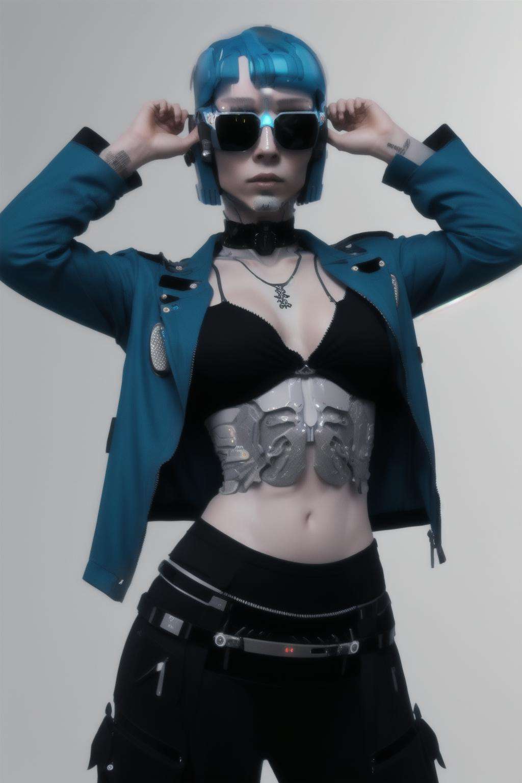 a woman with blue hair and a tattoo on her stomach , 1girl, solo, looking at viewer, short hair, navel, jewelry, blue hair, jacket, open clothes, choker, midriff, pants, necklace, mole, open jacket, tattoo, makeup, sunglasses, lipstick, hands in pockets, navel piercing, stomach tattoo, cyberpunk, neon lights,   hightech_robotics 