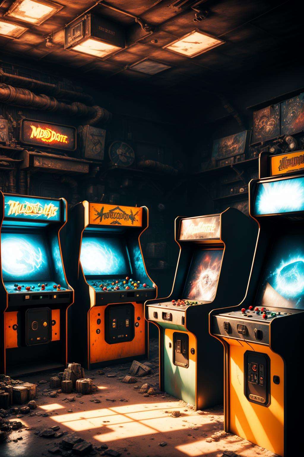 post-apocalyptic_play_zone , a room with several machines, Filip Hodas, unreal engine render, a 3D render, neogeo