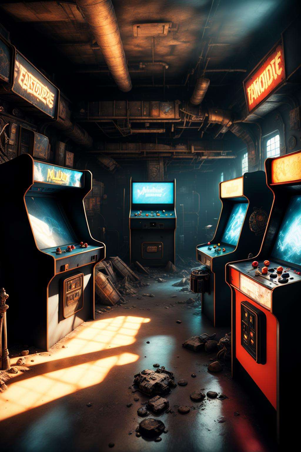 post-apocalyptic_play_zone , a room with several machines, Filip Hodas, unreal engine render, a 3D render, neogeo