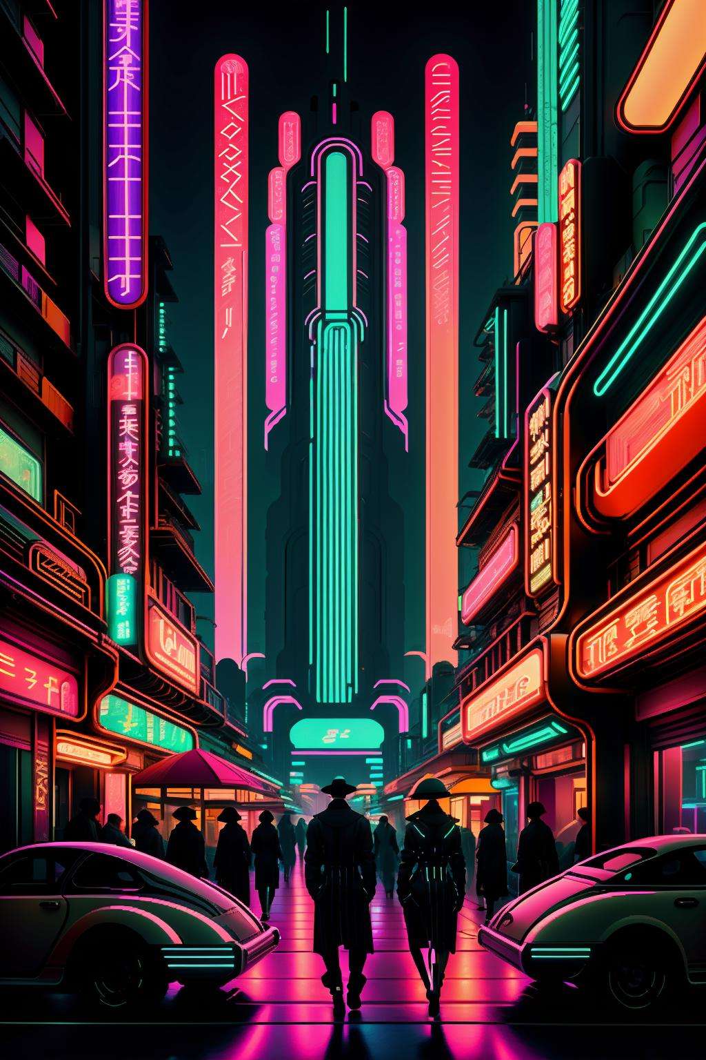 a futuristic city with people walking around and a car parked in the street at night time, with neon lights, Beeple, synthwave style, cyberpunk art, retrofuturism , neon_nouveau