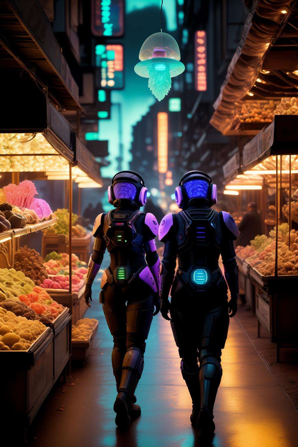 Subterranean market, merchants peddling bio-enhancements, their stalls illuminated by pulsating bioluminescent fungi. , sci-fi_max