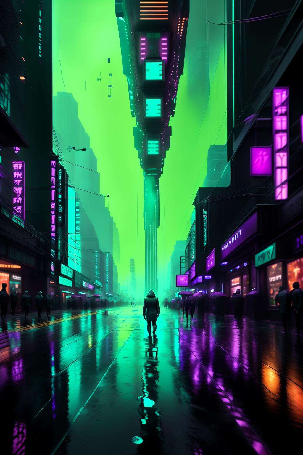 ( ((Tech noir rainstorm, torrents of data rain falling from the virtual sky, neon reflections shimmering on wet asphalt.,))  Shadowy a photo Wildlife of a Quantum anomaly Cosmic energy , Android sanctuary ,  Marketplace, Cafe, Square, Architecture , Edgy , Techno-dazzle , Neural interface , Holo-archive ,) sci-fi_max 