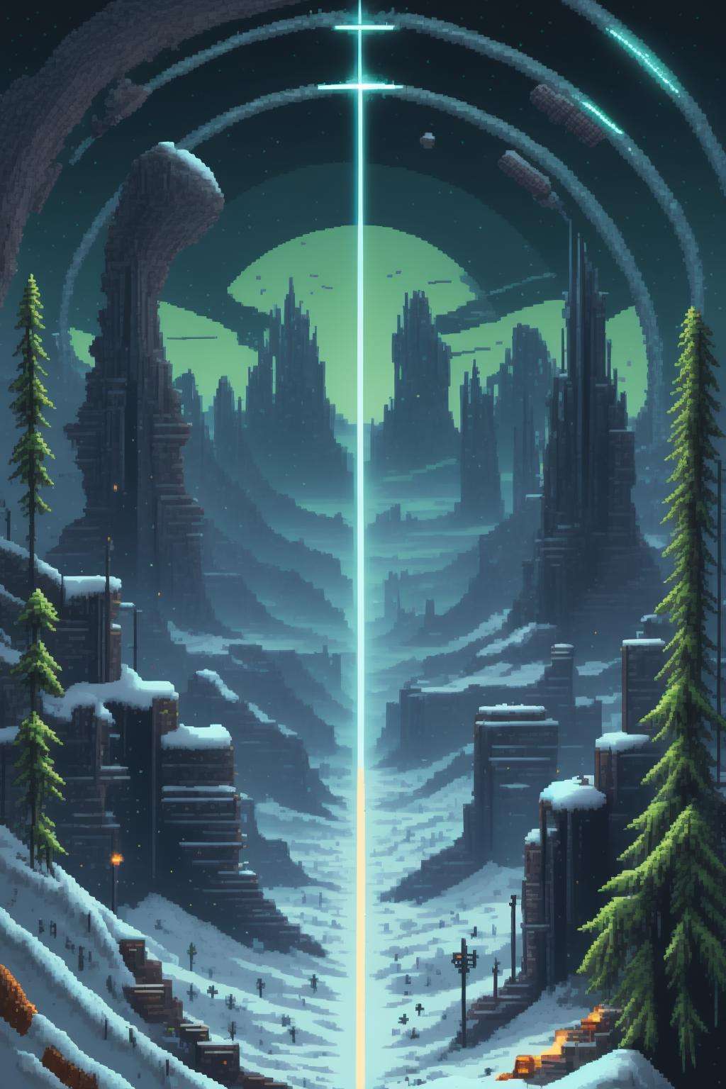 (( a snow covered landscape with a large crack in the ground )),sci-fi_pixels, pixel art