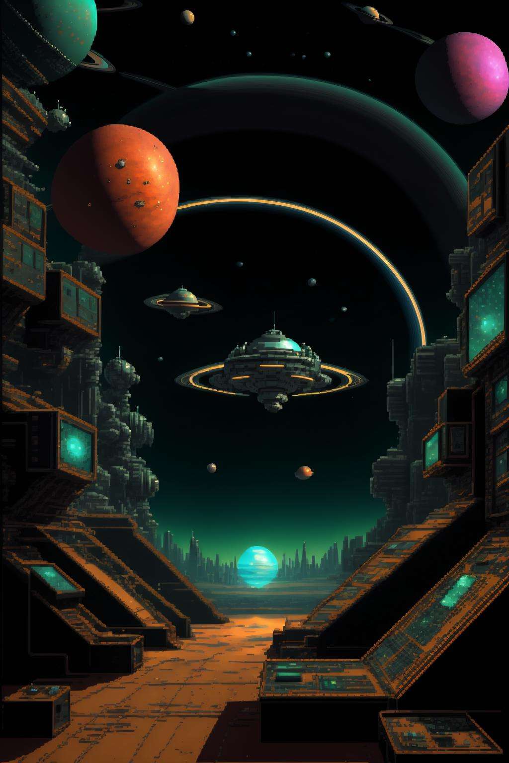 (( a painting of a space station with a saturn orbit )),sci-fi_pixels, pixel art