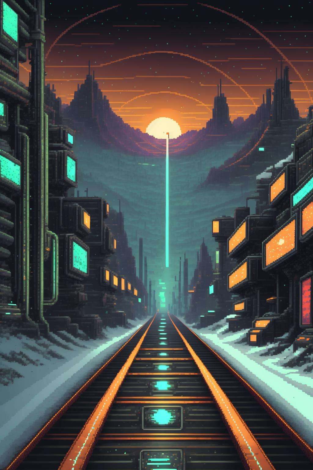 (( a long line of tracks in the snow )),sci-fi_pixels, pixel art