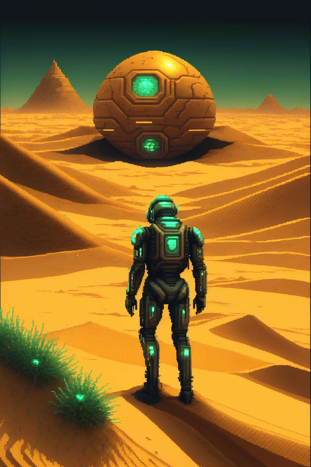 (( a man standing in the sand with a large object )),sci-fi_pixels, pixel art