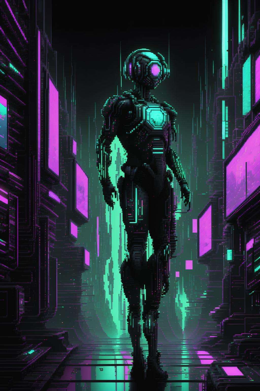 Virtual reality den, neon-hued cables connecting to headsets, users lost in a realm where data and dreams intertwine. ,sci-fi_pixels, pixel art