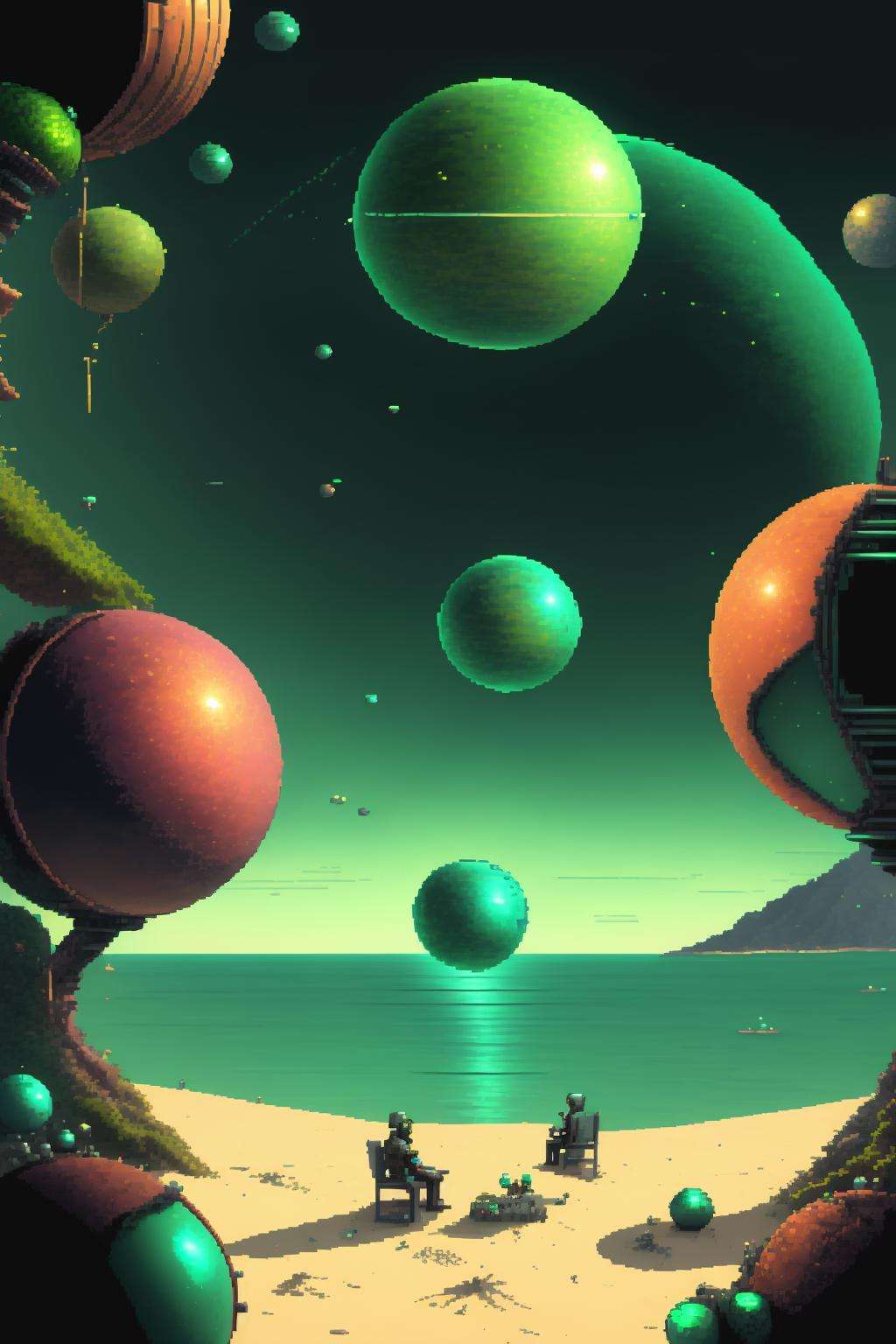 (( a group of spheres sitting on top of a beach )),sci-fi_pixels, pixel art