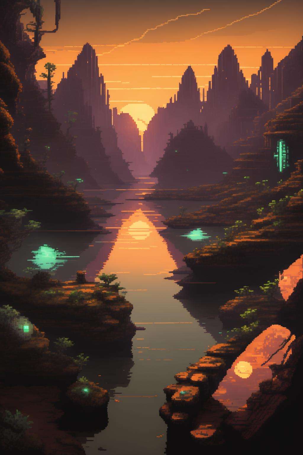 (( a river with rocks and a sunset in the background )),sci-fi_pixels, pixel art