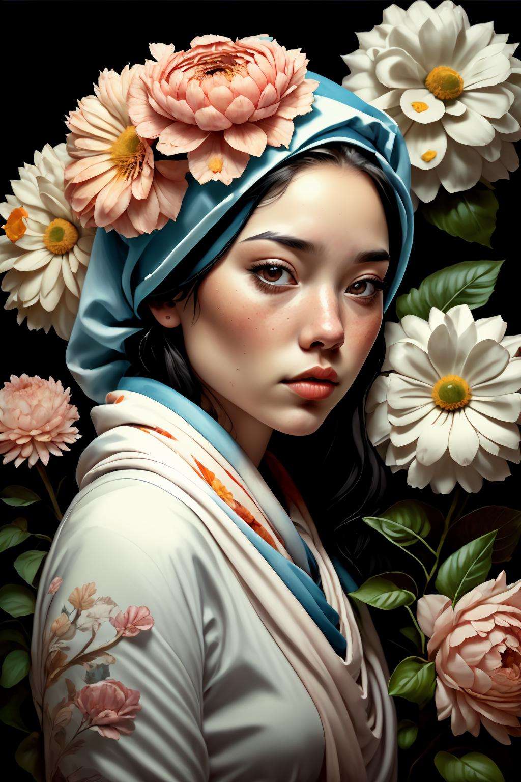 a woman with a white scarf on her head , Gardenia_Portraits