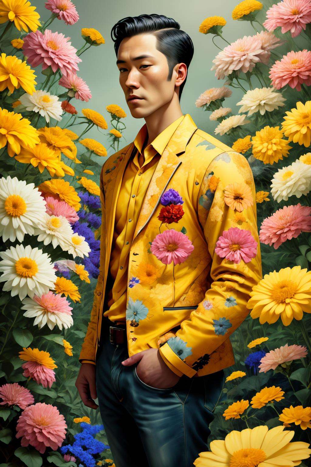 a man in a yellow suit standing in a field of flowers , Gardenia_Portraits