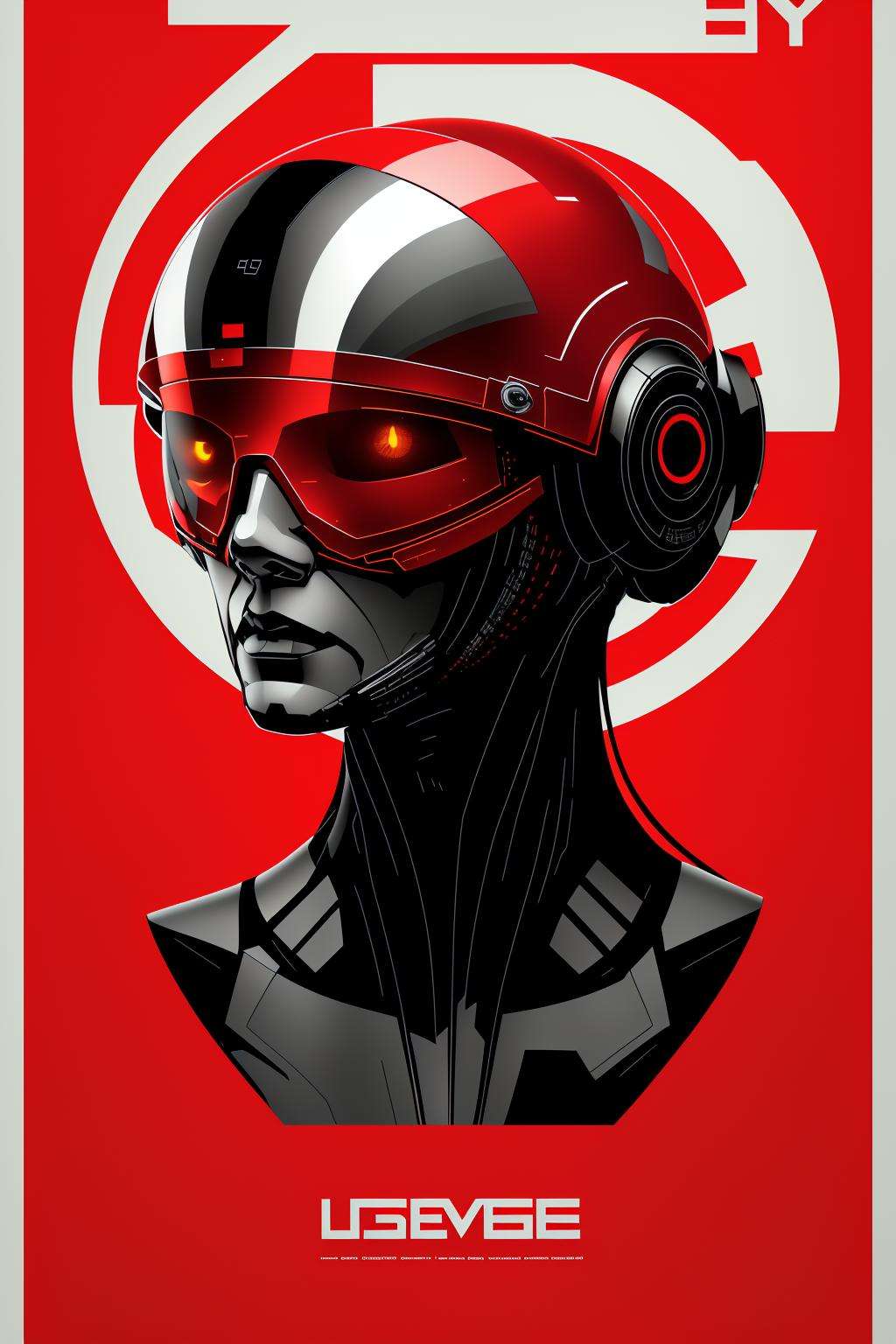 a poster with a man in a helmet and a red helmet , a woman with a futuristic headpiece and glasses , cyber_graphic