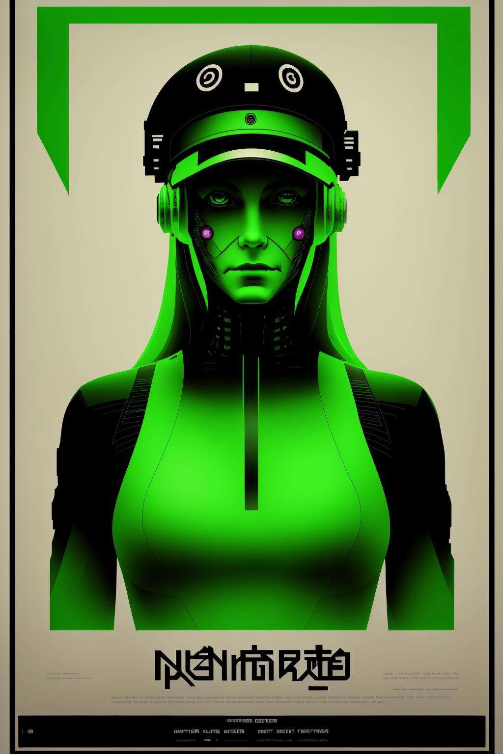 a poster with a picture of a woman with a gun , a woman with green hair and a green hat , cyber_graphic