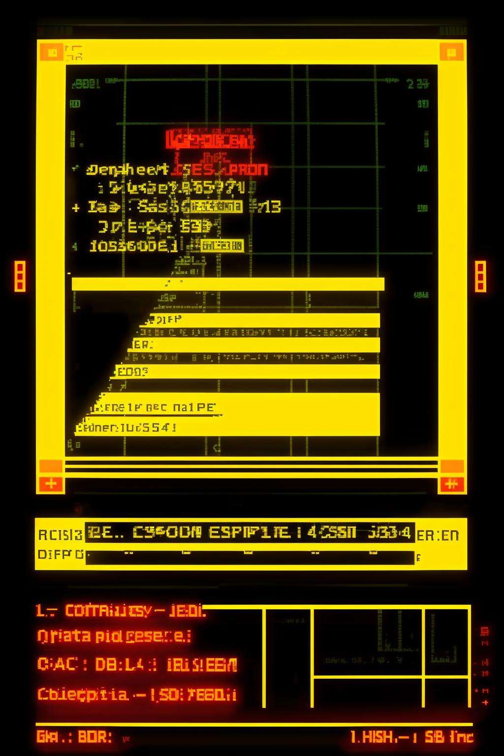 a television screen with a message written on it in a dark room with a black background and a red and yellow pattern, Bela Čikoš Sesija, screenshot, computer graphics, ascii art , cyber_ui