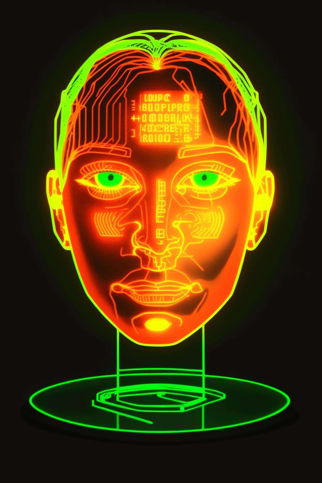 a computer generated image of a face on a plate with a wire mesh design around it and a red and green circle, Beeple, volumetric lights, a raytraced image, holography , cyber_ui