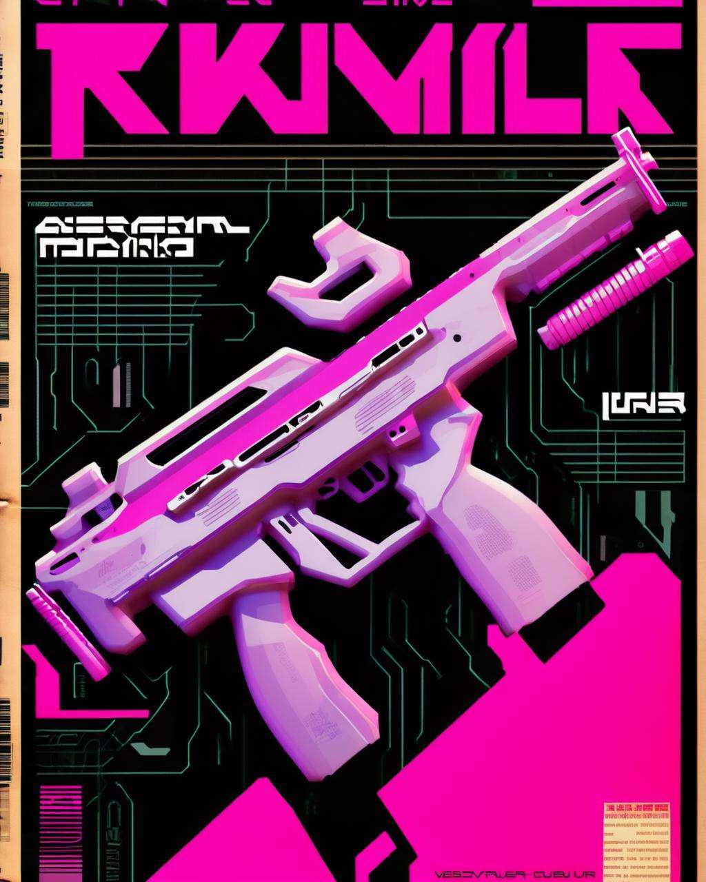 a cyberpunk magazine cover,  ((rifle magazine, a futuristic rifle on it))<lora:cybergraphic_sdxl:1.0>