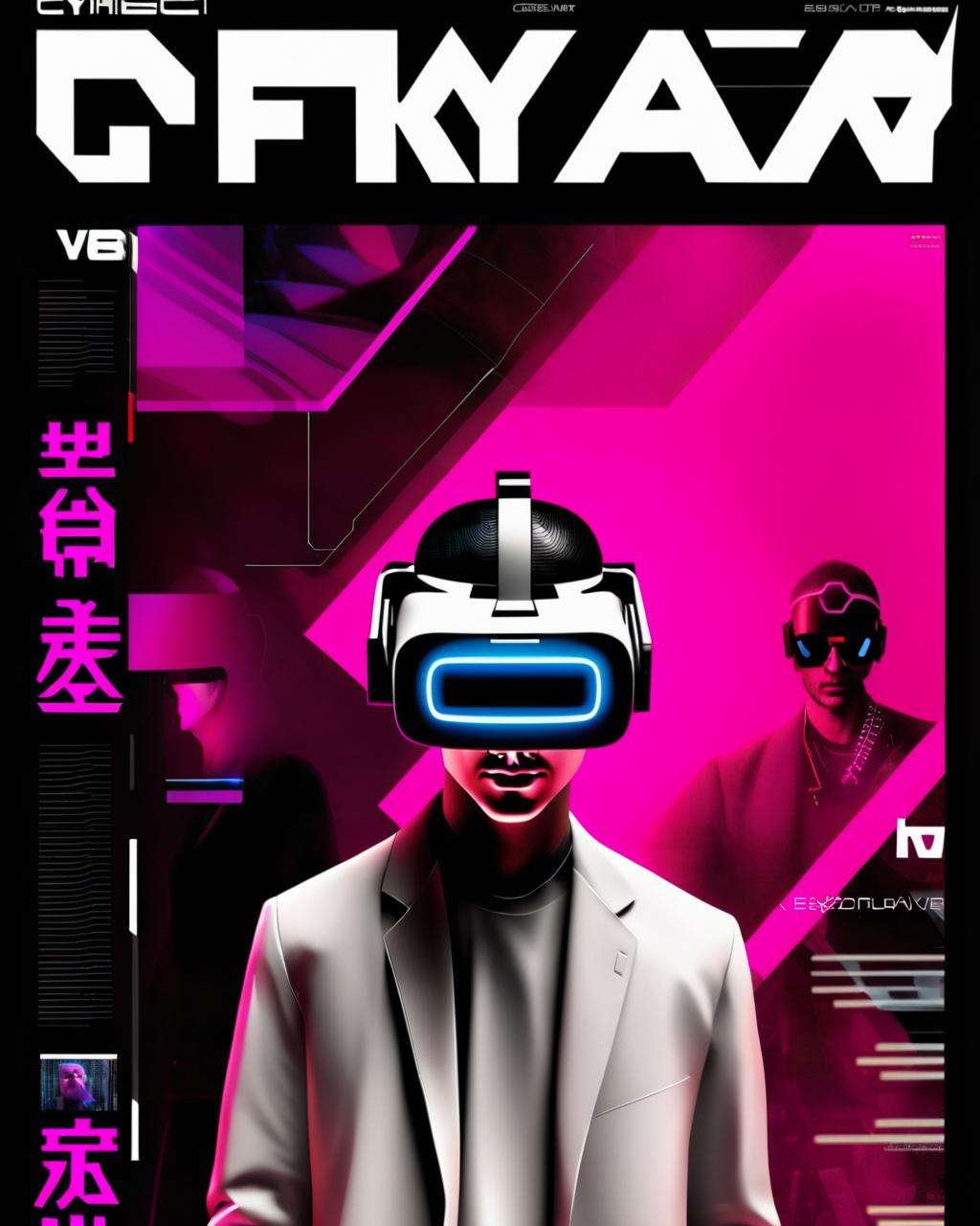 a cyberpunk magazine cover,  ((fashion cover, a  man with vr headset on it))<lora:cybergraphic_sdxl:1.0>