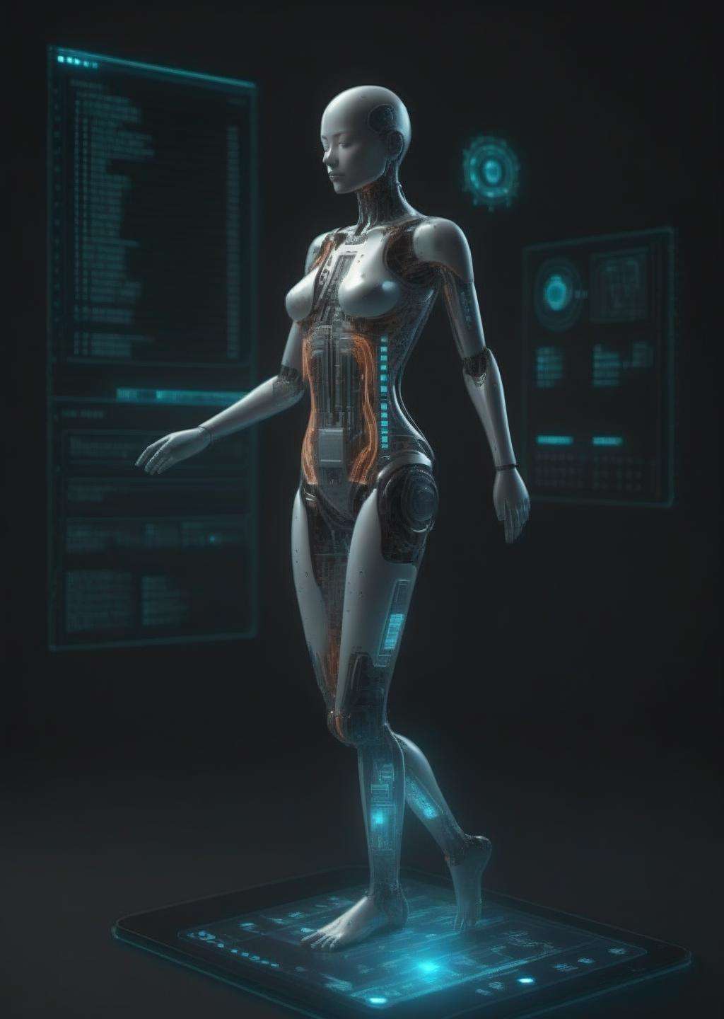 a 3d person on a cyborg interface, <lora:cyberui_sdxl:1.0>