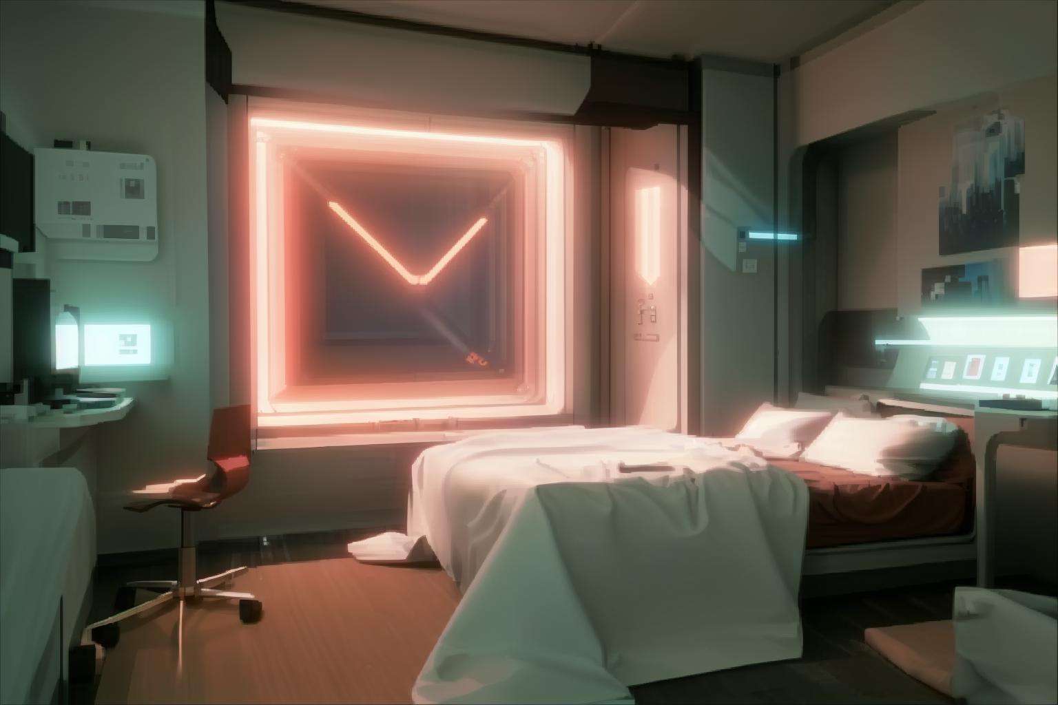 a room with a large window and a bed in it with a tenné-(tawny) sheet on the floor and a rose line on the wall, Filip Hodas, cgstudio, computer graphics, space art , cyber_room  , cyberpunk ambient, a room
