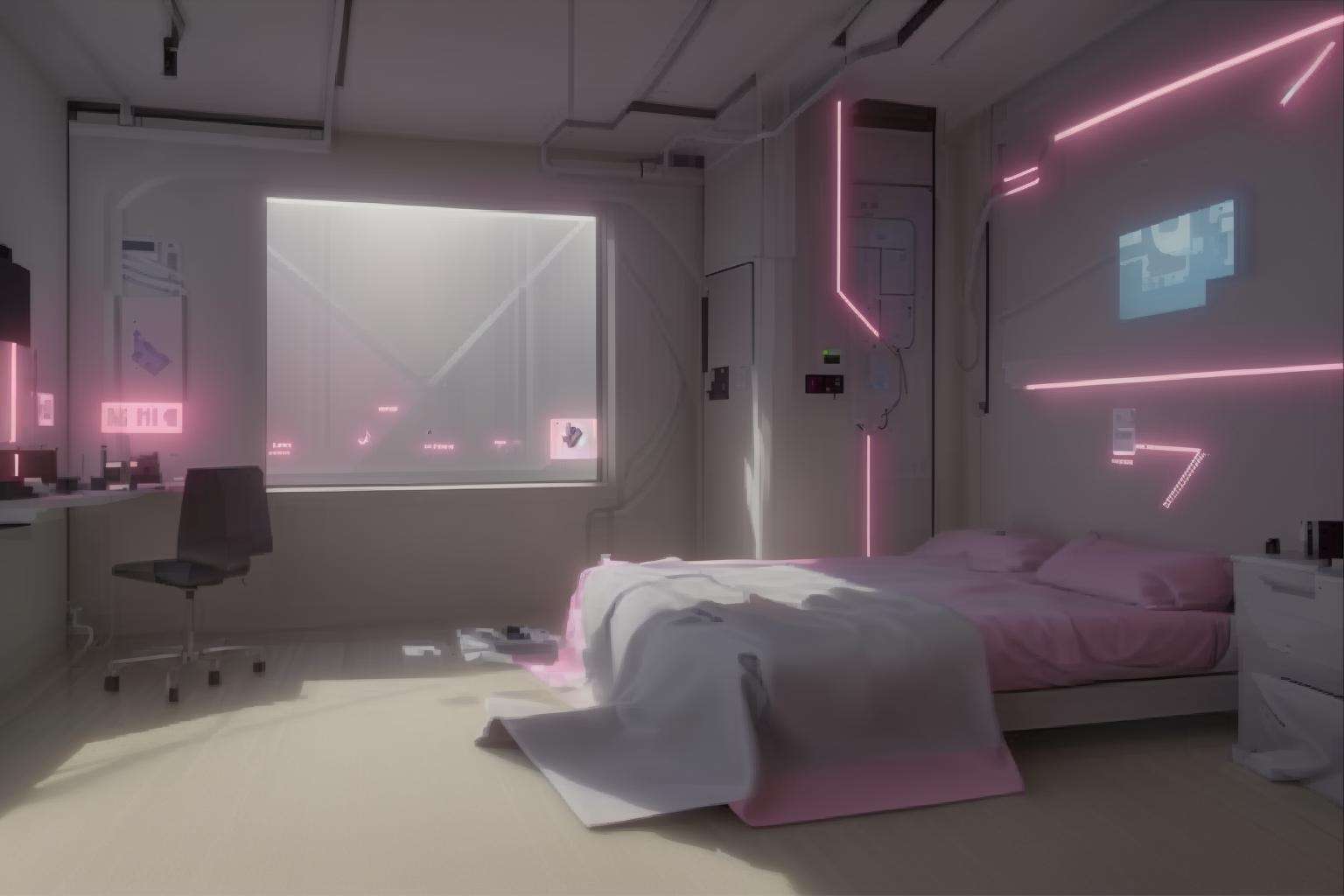 a room with a large window and a bed in it with a shocking-pink sheet on the floor and a slate-grey line on the wall, Filip Hodas, cgstudio, computer graphics, space art , cyber_room  , cyberpunk ambient, a room
