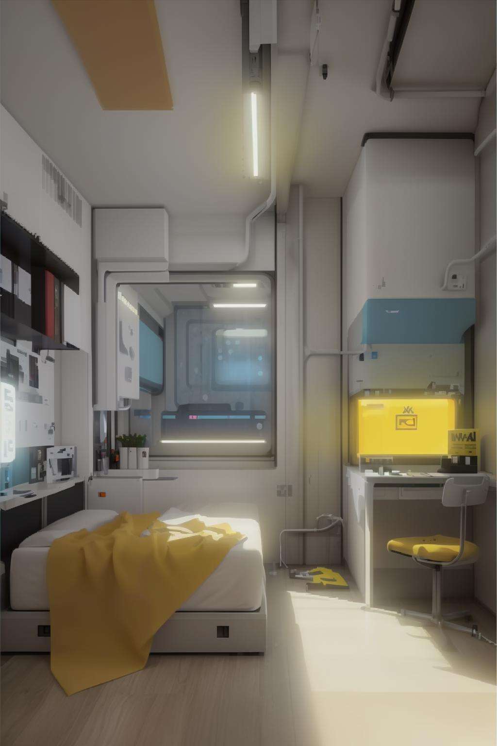 a room with a large window and a bed in it with a white sheet on the floor and a yellow line on the wall, Filip Hodas, cgstudio, computer graphics, space art , cyber_room  , cyberpunk ambient, a room