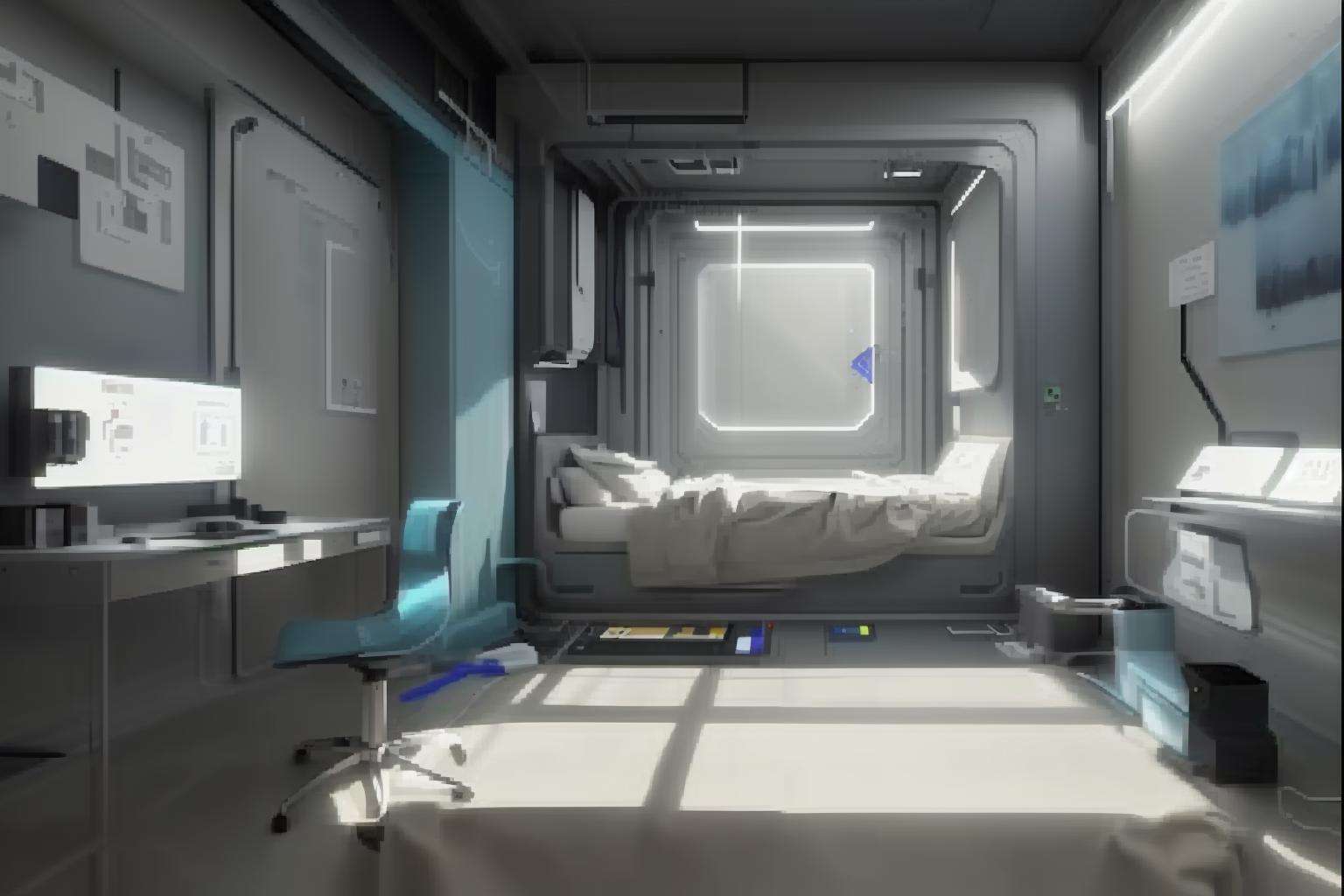 a room with a large window and a bed in it with a steel-blue sheet on the floor and a ochre line on the wall, Filip Hodas, cgstudio, computer graphics, space art , cyber_room  , cyberpunk ambient, a room