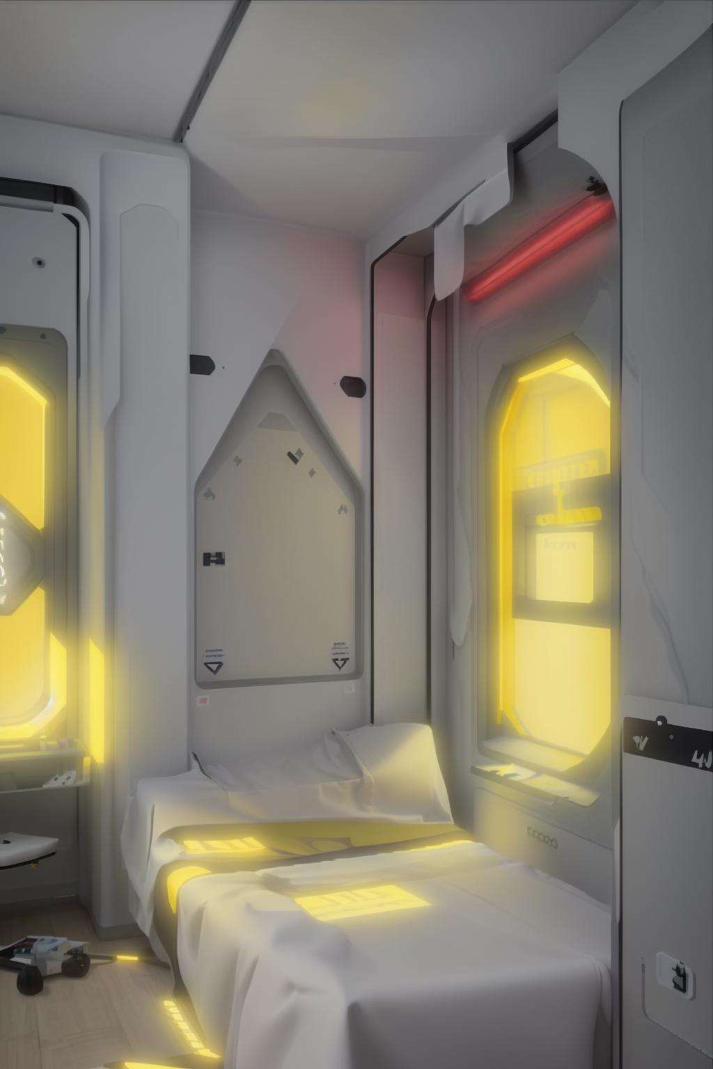 a room with a large window and a bed in it with a white sheet on the floor and a yellow line on the wall, Filip Hodas, cgstudio, computer graphics, space art , cyber_room  , cyberpunk ambient, a room