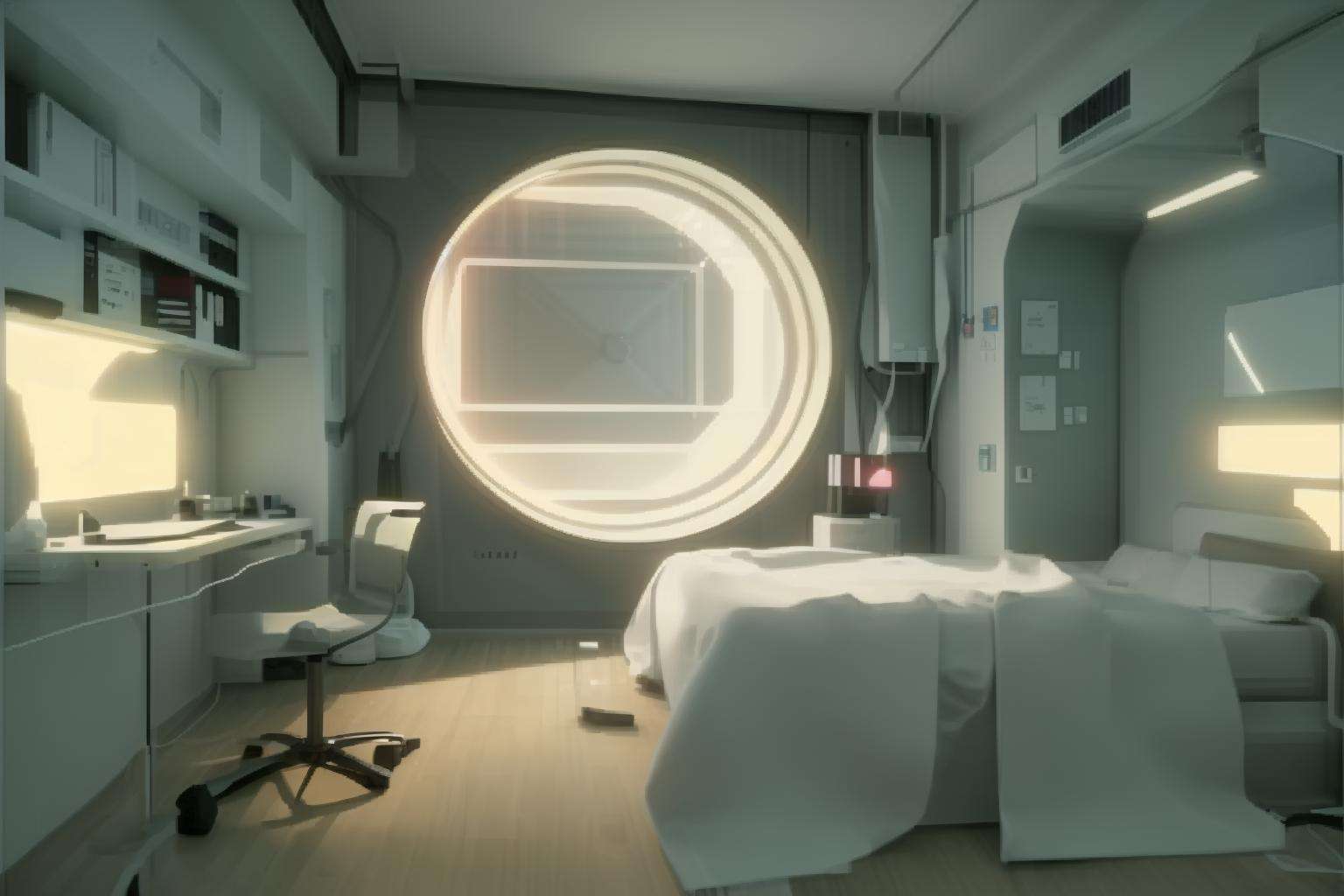 a room with a large window and a bed in it with a magnolia sheet on the floor and a bistre line on the wall, Filip Hodas, cgstudio, computer graphics, space art , cyber_room  , cyberpunk ambient, a room