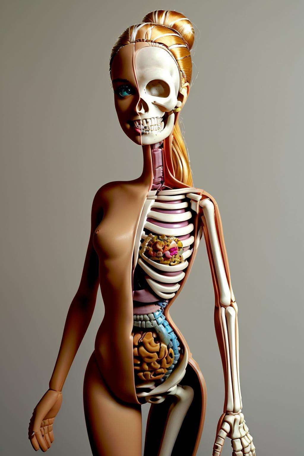 a human skeleton with a human body in the middle of it's body and a human head in the middle of the body, Betty Merken, anatomically correct, a surrealist sculpture, figurativism ,  skeleton_toy