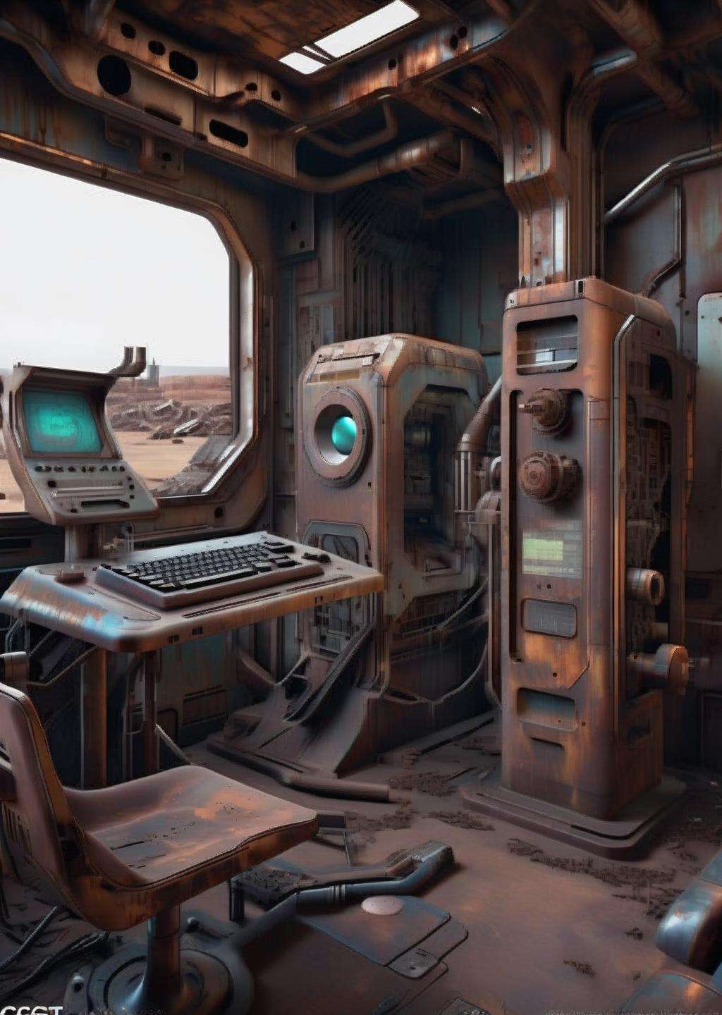 ((magazine photography)) , Wasteland tech graveyard, rusted remnants of obsolete machines, a haunting monument to bygone technological eras. ,  cgstudio, computer graphics, space art , cyberpunk ambient, a room<lora:cyber_room_sdxl:1.0>