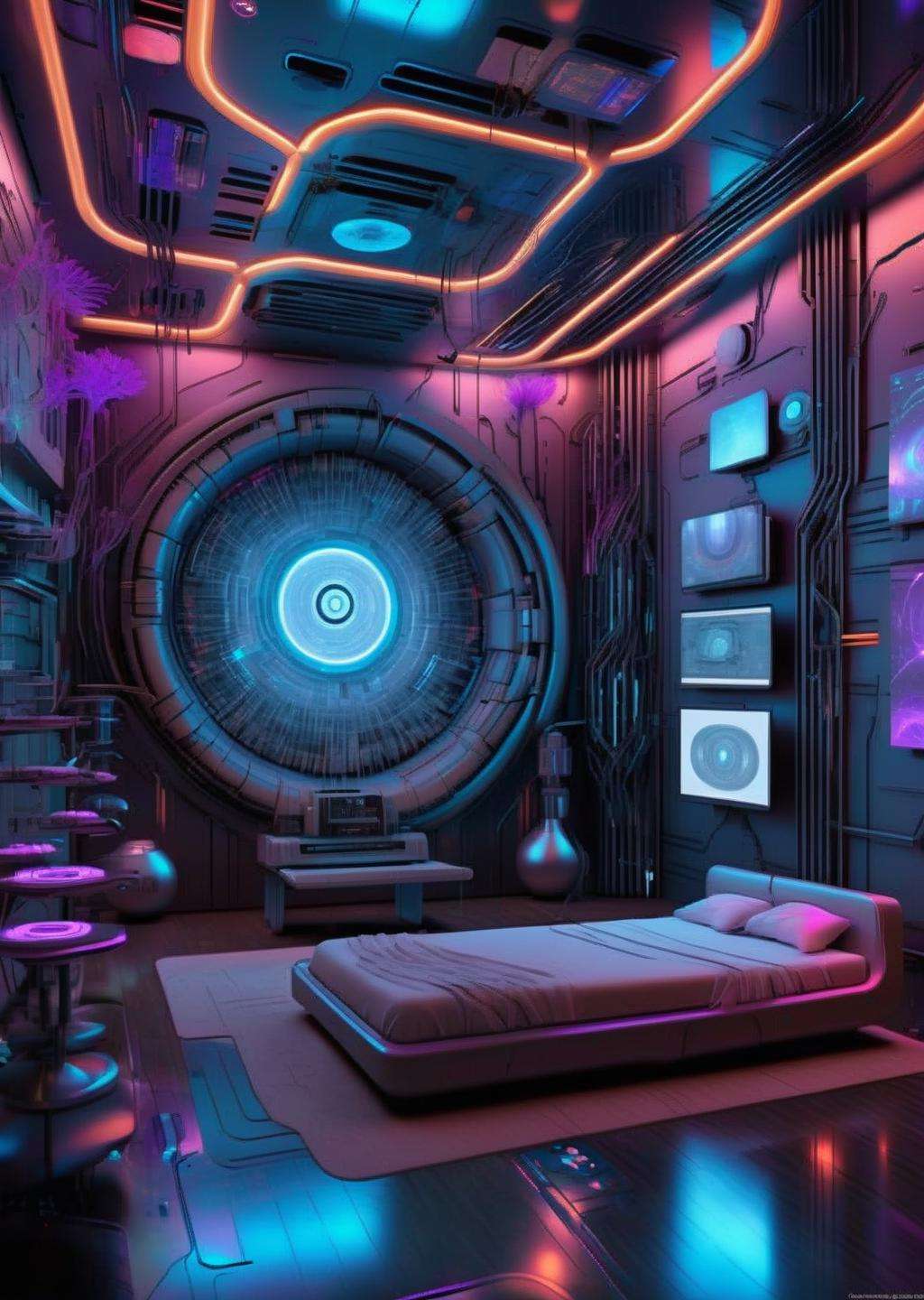 ((magazine photography)) , Brainwave lounge, neural resonators, meditative pods, synaptic harmonics, immersive neural soundscapes, transcendental experiences in data-encoded tranquility. ,  cgstudio, computer graphics, space art , cyberpunk ambient, a room<lora:cyber_room_sdxl:1.0>