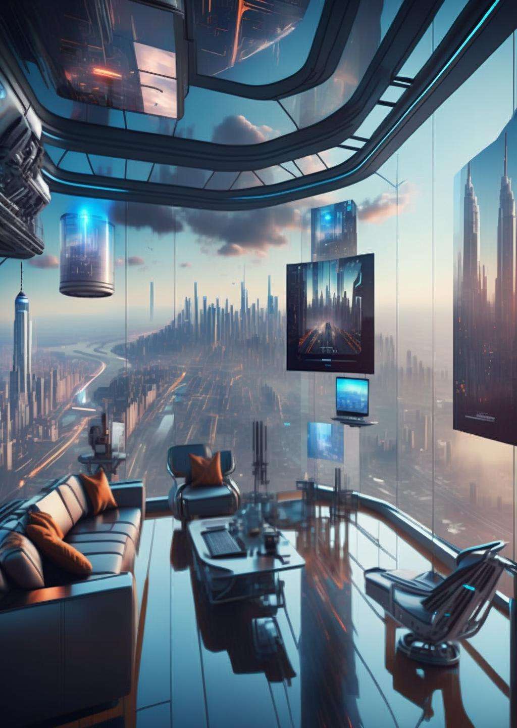 ((magazine photography)) , Sky-high observation deck, soaring above the city, panoramic glass walls, breathtaking metropolis views, augmented reality overlays, feeling on the edge of the future. ,  cgstudio, computer graphics, space art , cyberpunk ambient, a room<lora:cyber_room_sdxl:1.0>