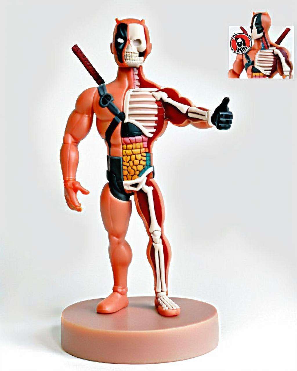 (a Deadpool (Wade Wilson) action figure) , anatomical, a character portrait,   skeleton visible<lora:skeleton_toy_sdxl:1.0>