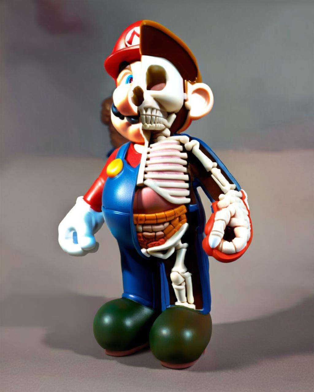 (a Super Mario action figure) , anatomical, a character portrait, neoism ,  skeleton visible<lora:skeleton_toy_sdxl:1.0>