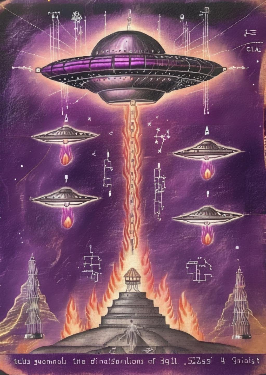 Enigmatic Catalysts: UFOs ablaze in violet fire, catalysts of alchemical metamorphosis, transmuting seekers into beings of transcendent consciousness.<lora:UFO_Alchemy_sdxl:1.0>