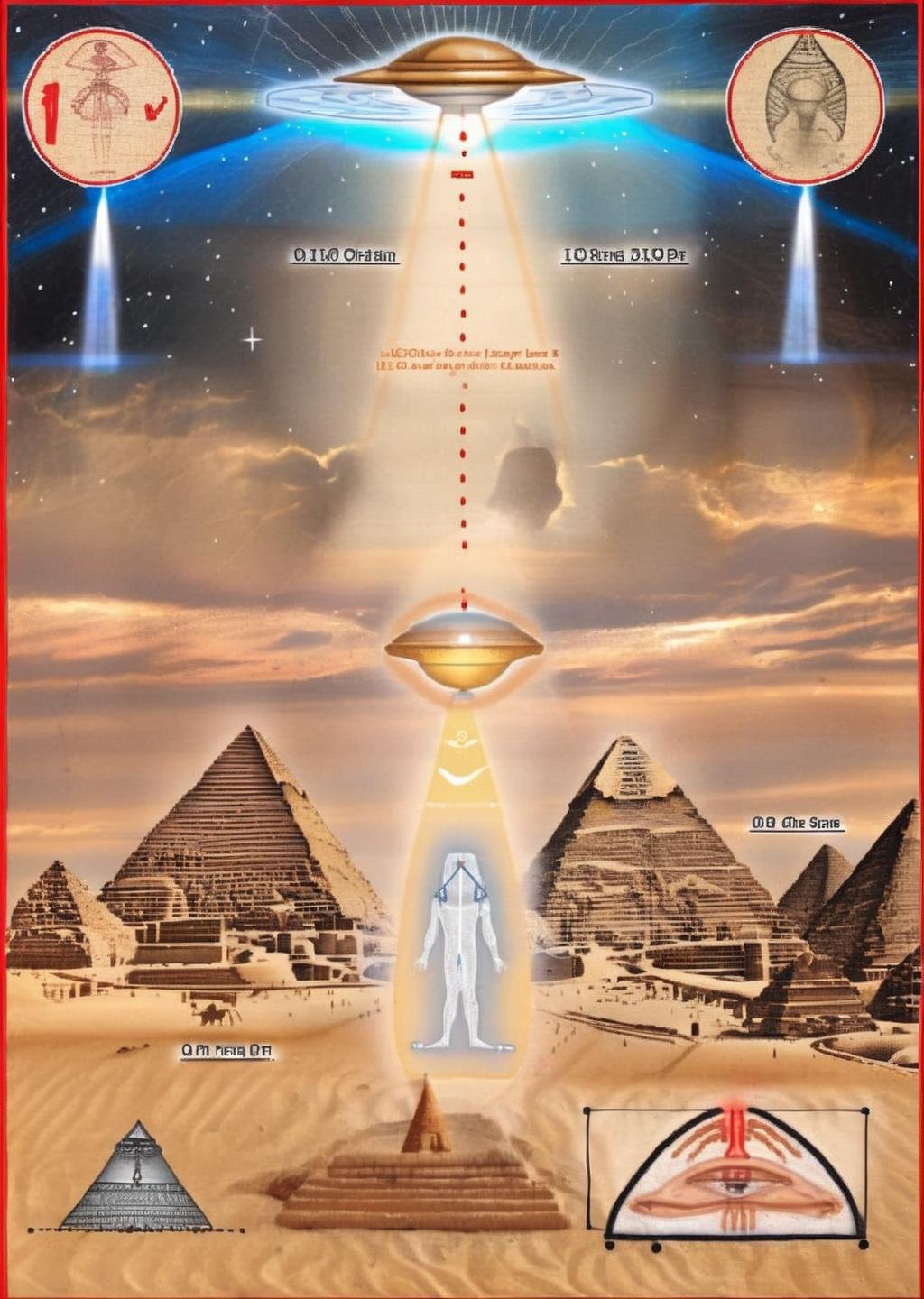 Osirian Light Beams: UFOs emit Osirian beams, fusing resurrection energies with interstellar frequencies, bestowing cosmic enlightenment upon Egypt's sands.<lora:UFO_Alchemy_sdxl:1.0>